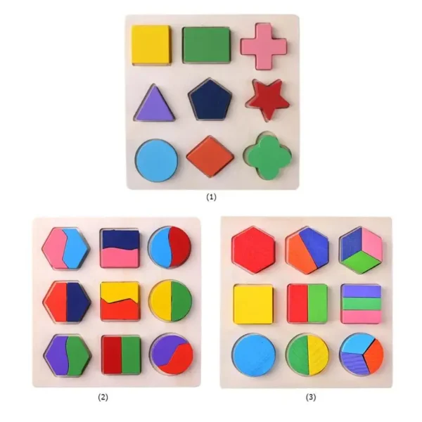 Wooden Geometric Shapes Montessori Puzzle Sorting Math Bricks - Image 2