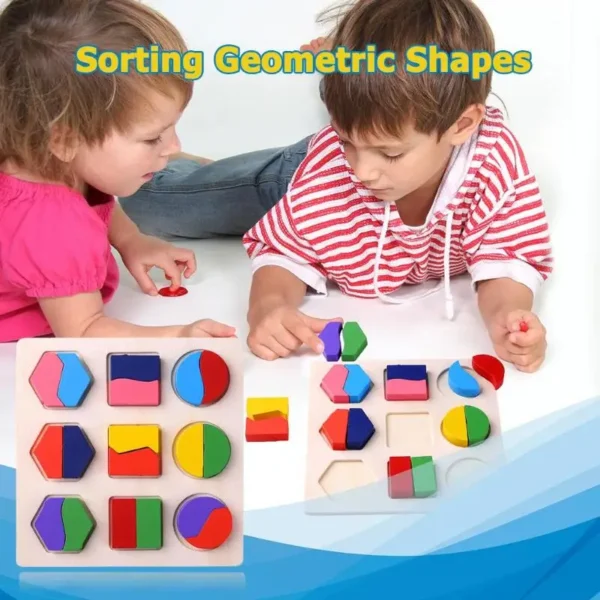 Wooden Geometric Shapes Montessori Puzzle Sorting Math Bricks - Image 3