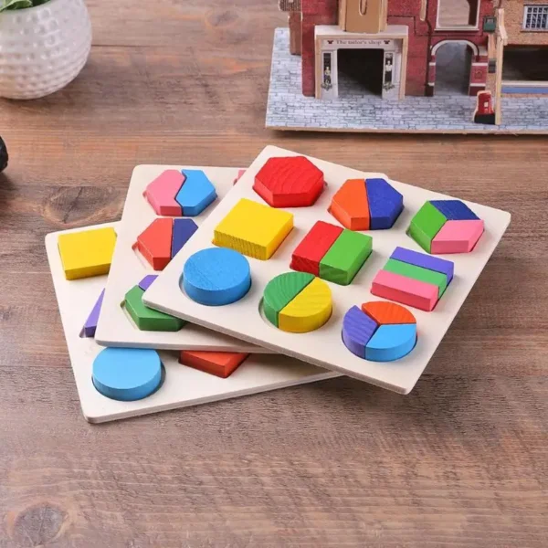 Wooden Geometric Shapes Montessori Puzzle Sorting Math Bricks - Image 4