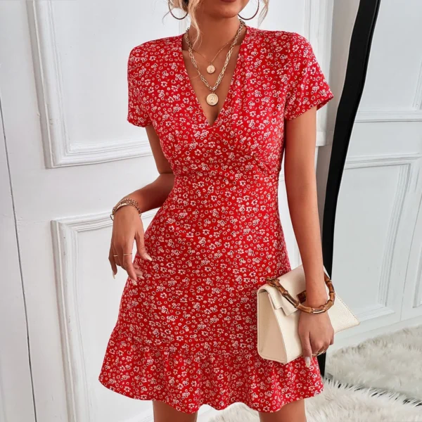 Women's Sexy Dresses Floral Print Deep V Neck Short Sleeve Fashion Casual Summer Mini Dress - Image 2