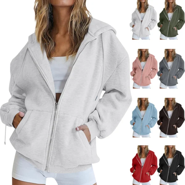 2024 Women New Zipper Loose Hoodies Fashion Long Sleeve Hooded Sweatshirt Hot Sale Casual Autumn Winter Sportwear Solid Clothes - Image 2