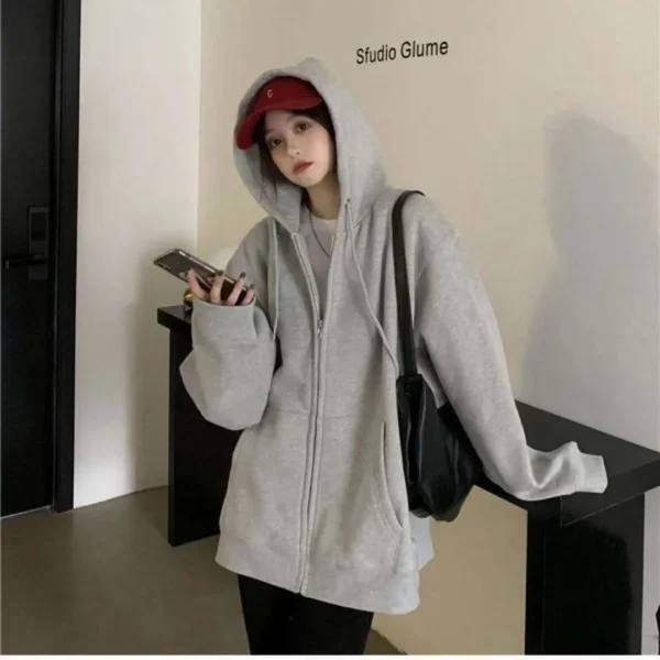 Women Hoodies Solid Color Zip Up Pocket Loose Harajuku Korean Sweatshirts Female Long Sleeve Hooded Streetwear Casual Tops 2023 - Image 2