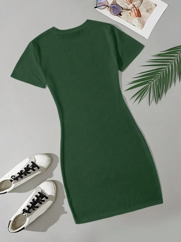 Summer women's fashion simple green solid color casual slim fit short sleeve round neck short mini dress 2024 New - Image 3