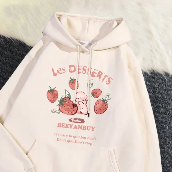 Fashion Women'S Hoodie Cute Strawberry And Rabbit Printed Sweatshirt Pocket Soft Warm Breathable Pullover Autumn Winter Hoody - Image 5