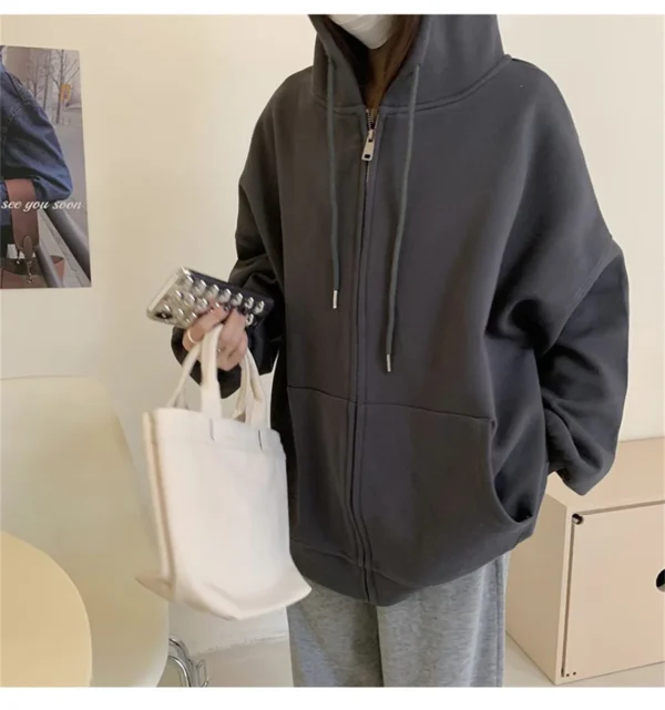 2024 Women's Spring Autumn Oversized Loose-fit Hooded Sweatshirt Jacket Harajuku Basic Long Sleeve Zip Up Casual Solid Outerwear - Image 4