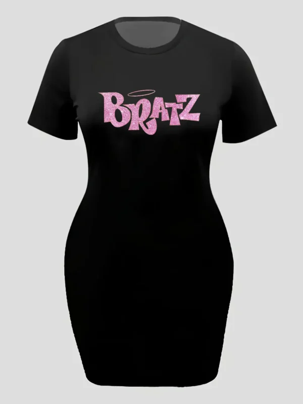 Summer women's BRATZ letter print casual slim fit short sleeved round neck T-shirt mini dress Short Sleeve Shirt Mini Dresses - Image 3