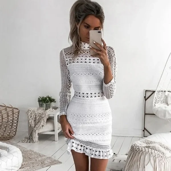 Summe Dress Sexy White Lace Short sleeve Stitching Hollow Out Party Dresses Elegant Short Dress - Image 3