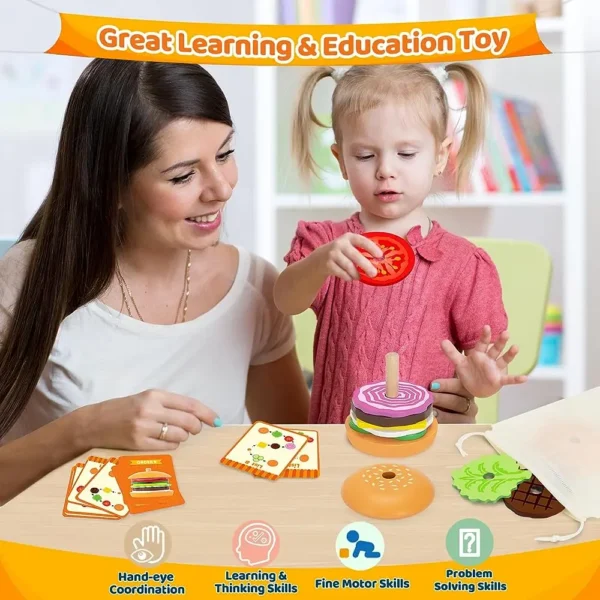 Montessori Wooden Burger Stacking Toys For Toddler Kids - Image 3