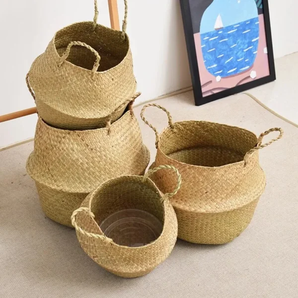 Wicker Basket Toy Organizer Folding Rattan Seagrass Storage Basket Laundry Woven Basket Plant Flower Pot For Home Garden - Image 5