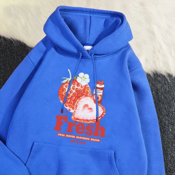 Trend Womens Hoodie Fresh Strawberry American Retro Creative Prints Sweatshirt Fleece Comfortable Pocket Pullover Cartoons Tops - Image 2