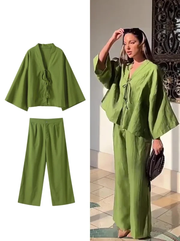 TRAF Women's Green Bow Tie Shirt + High Waist Trousers Two Piece Casual Vintage Style Trouser Set Flared Sleeve Loose Top