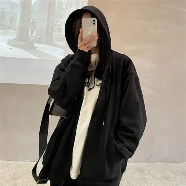 2024 Women's Spring Autumn Oversized Loose-fit Hooded Sweatshirt Jacket Harajuku Basic Long Sleeve Zip Up Casual Solid Outerwear - Image 3