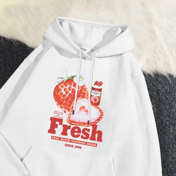 Trend Womens Hoodie Fresh Strawberry American Retro Creative Prints Sweatshirt Fleece Comfortable Pocket Pullover Cartoons Tops - Image 5