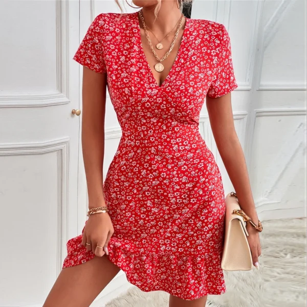 Women's Sexy Dresses Floral Print Deep V Neck Short Sleeve Fashion Casual Summer Mini Dress - Image 5