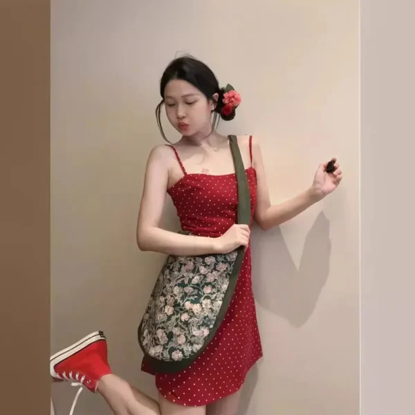 Hong Kong Style Vintage Chic Polka Dot Red Tank Dress Women's Summer Slimming Holiday Wind A- line Short Skirt Sleeveless - Image 2