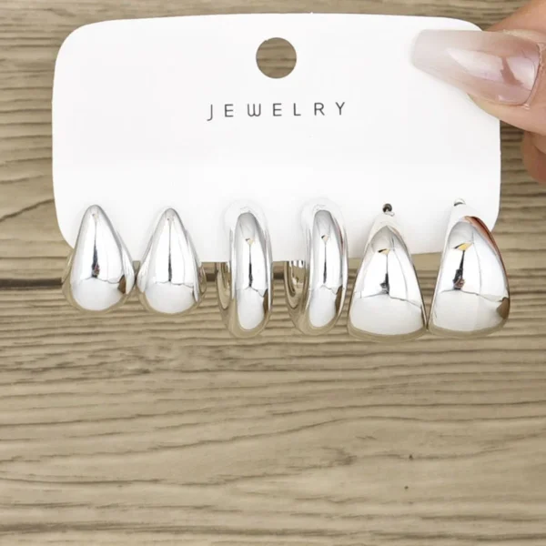 6pcs Chunky Gold Plated Waterdrop Hoop Earrings - Image 2