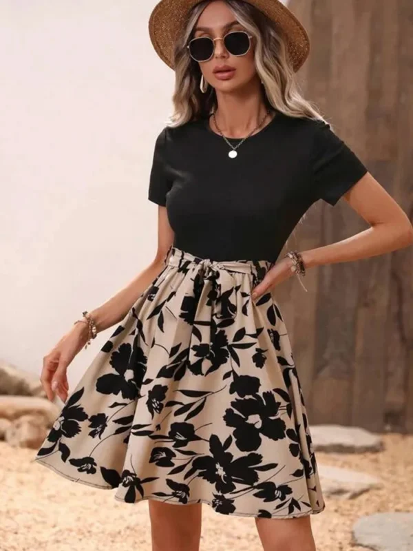 New Fashion Casual Summer Women's Round Neck A-line Flower Print Tie With Bow Holiday Style Waist Dress Short Sleeve - Image 3