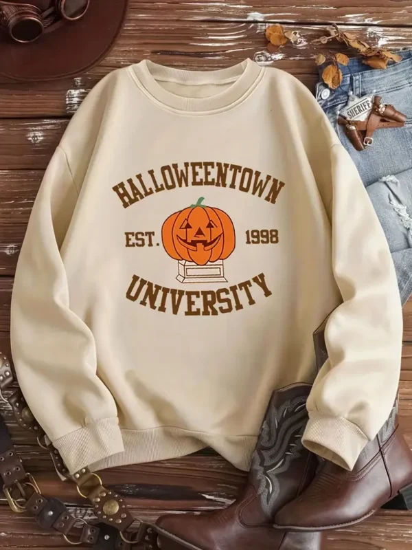 Plus Size Women's Halloween Pumpkin Print Casual Crew Neck Sweatshirt, Long Sleeve, Plus Size