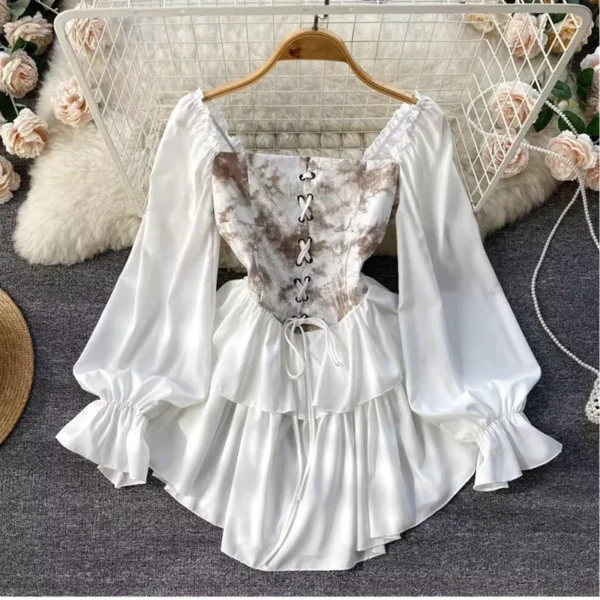 American Vintage Short Loose Dress Women Slash Neck Long Lantern Sleeves Lace Up Zipper Ball Gown Women Gentle Chiffon Dress2987 - Image 2