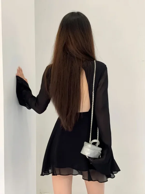 HOUZHOU Backless Black Dress Women Elegant Back Hollow Out Lace-up Long Sleeve Mesh Patchwork Sexy Slim Ruffle Mini Dress Party - Image 4