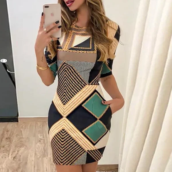 Womens Dresses 2024 Summer Fashion Geometry Print Pocket Design Casual Round Neck Short Sleeve Slim Fit Daily Mini Dress - Image 2