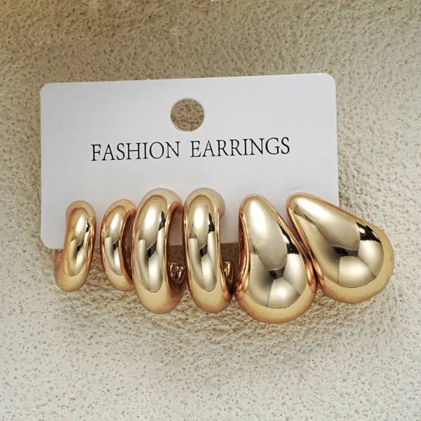 6pcs Chunky Gold Plated Waterdrop Hoop Earrings - Image 4