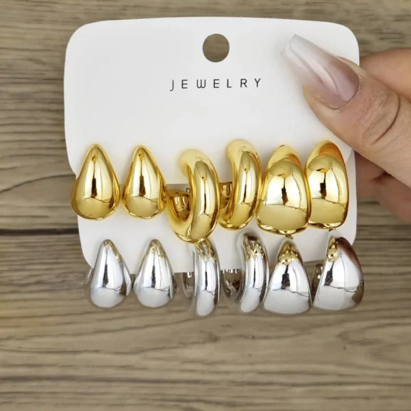 6pcs Chunky Gold Plated Waterdrop Hoop Earrings