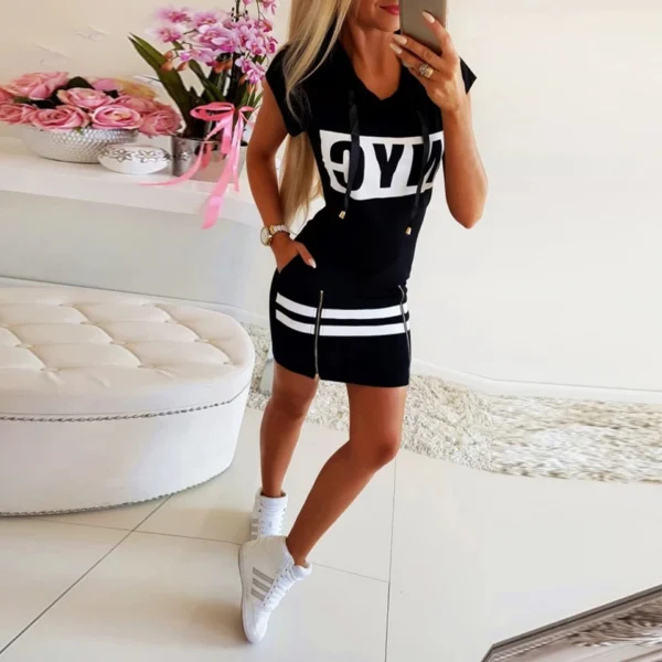 2022 Hooded Women Summer Dress Short Sleeve Letter Print Zipper Bandage Hoodies Lady Casual Sport Bodycon Vestidos Mini Dresses - Image 4