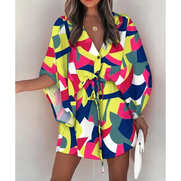 Holiday Casual Dresses Women Sexy V-neck Batwing Sleeve Lace-up Fashion Printed Half Sleeve Dress Summer Beach Loose Short Dress - Image 3