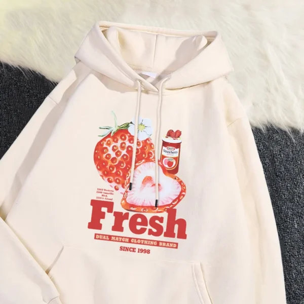 Trend Womens Hoodie Fresh Strawberry American Retro Creative Prints Sweatshirt Fleece Comfortable Pocket Pullover Cartoons Tops