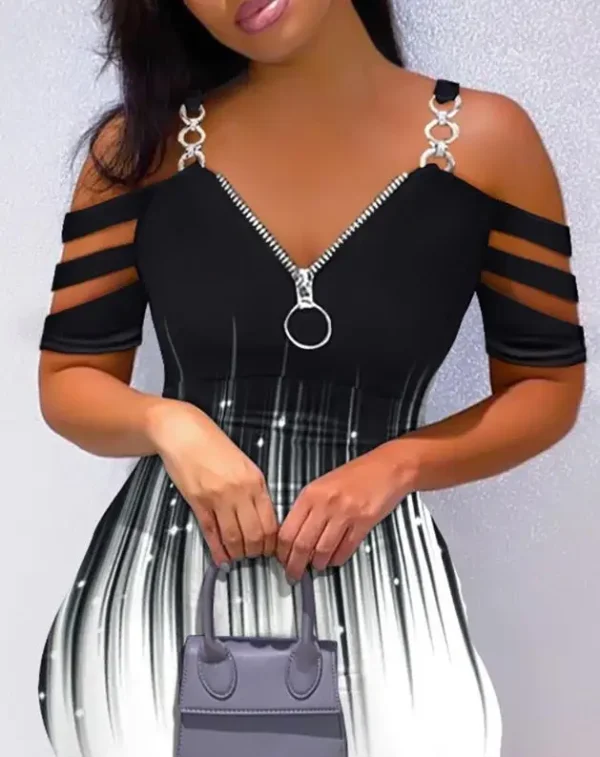 New Fashion 2023 Summer Casual Sexy Colorblock Cold Shoulder Bodycon Skinny Mini Dress Elegant Dresses for Women - Image 2