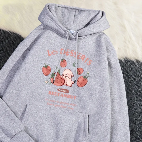 Fashion Women'S Hoodie Cute Strawberry And Rabbit Printed Sweatshirt Pocket Soft Warm Breathable Pullover Autumn Winter Hoody - Image 3