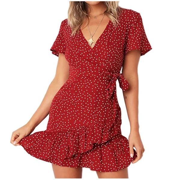 Women Sexy Dress Deep V-Neck Short Sleeve Floral Print Mini Ruffle Wrap Dress with Self tie at Waist