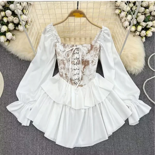 American Vintage Short Loose Dress Women Slash Neck Long Lantern Sleeves Lace Up Zipper Ball Gown Women Gentle Chiffon Dress2987