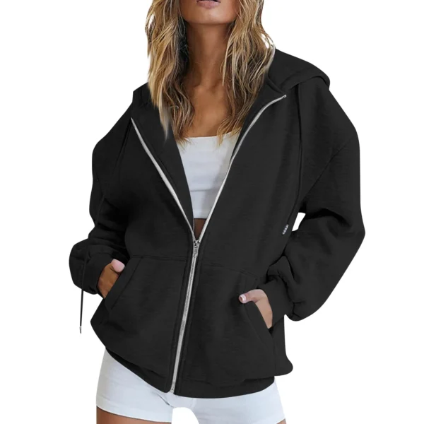 2024 Women New Zipper Loose Hoodies Fashion Long Sleeve Hooded Sweatshirt Hot Sale Casual Autumn Winter Sportwear Solid Clothes - Image 5