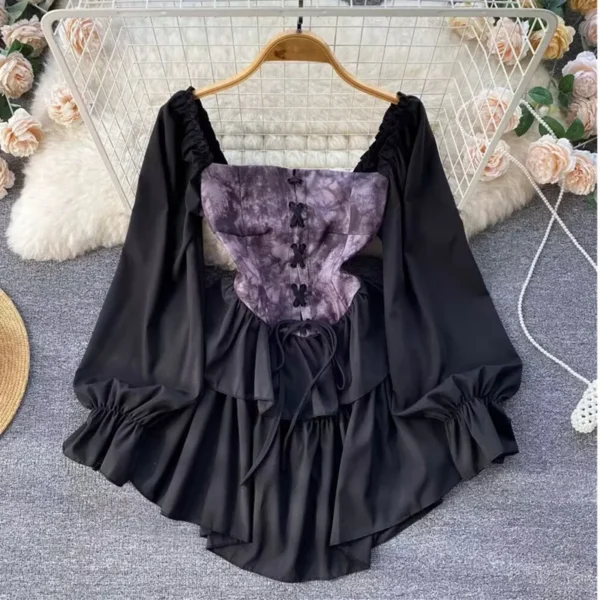 American Vintage Short Loose Dress Women Slash Neck Long Lantern Sleeves Lace Up Zipper Ball Gown Women Gentle Chiffon Dress2987 - Image 3