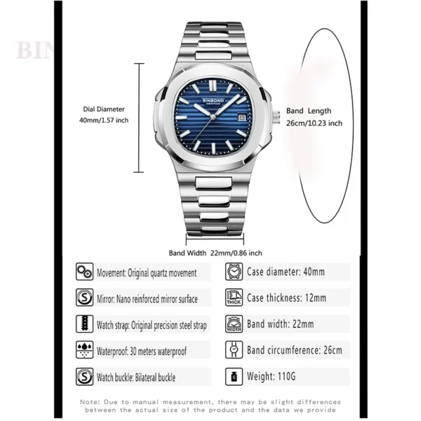 BINBOND Luxury Men Watch Waterproof Date Stainless Steel - Image 4