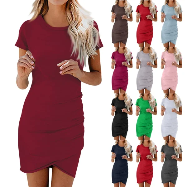 Ladies’ Summer Solid Color Classic Sexy Slim Fit Dress Daily Date Fashion Round Neck Short Sleeve Wrap Party Pleated Mini Skirt - Image 5