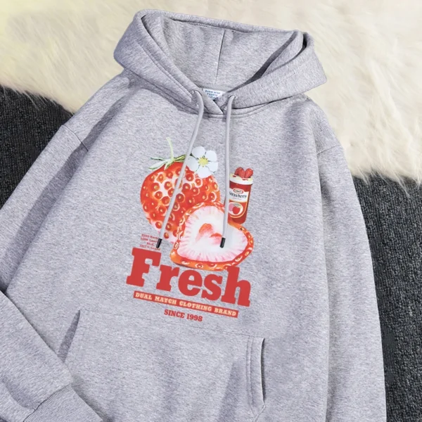 Trend Womens Hoodie Fresh Strawberry American Retro Creative Prints Sweatshirt Fleece Comfortable Pocket Pullover Cartoons Tops - Image 4