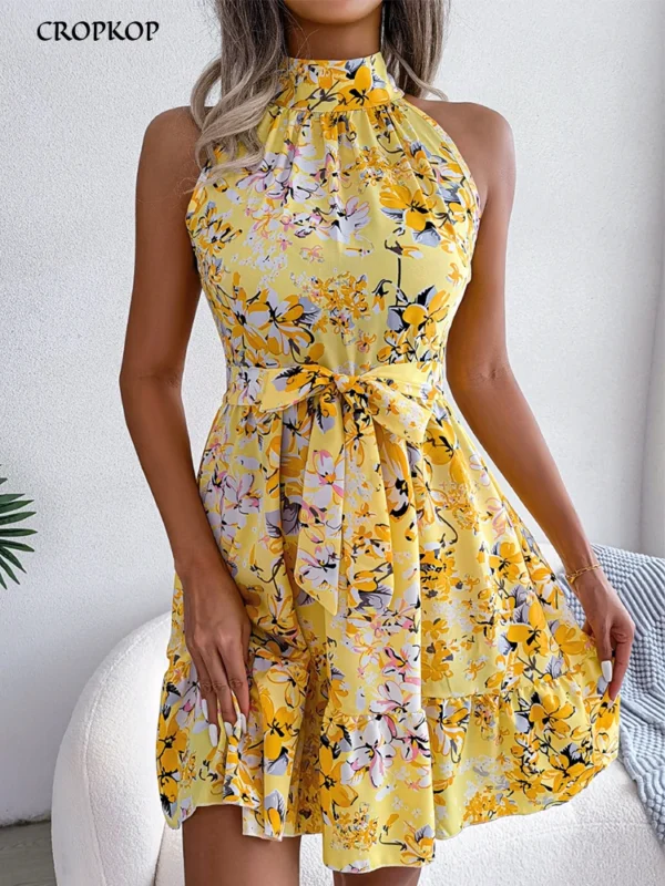 Summer Women Sexy Floral Print Short Dress, Bandage Holiday Beach Sundress Casual Halter Short Dresses,Summer Clothes Women 2024