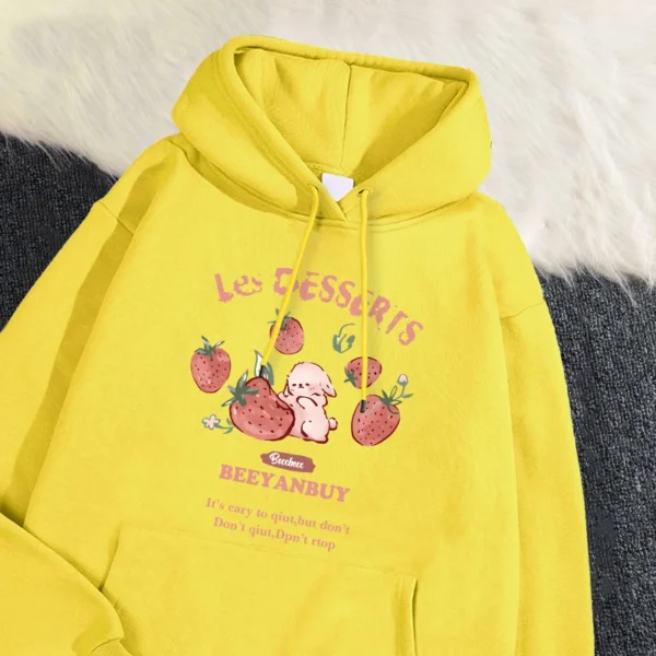 Fashion Women'S Hoodie Cute Strawberry And Rabbit Printed Sweatshirt Pocket Soft Warm Breathable Pullover Autumn Winter Hoody - Image 2