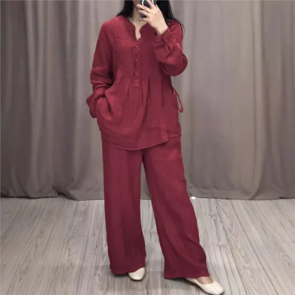 Autumn Fashion Cotton Linen Long Sleeve Half Open Shirt For Women's Suit Casual Pleated Elegant Female Wide Leg Pants 2piece Set - Image 4