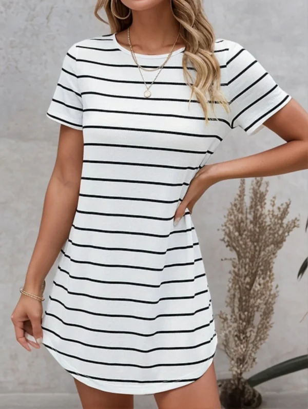 Women's Dresses Striped Button Back Curved Hem Tee Dress Dress for Women Striped Button Back Curved Hem Tee Dress - Image 4