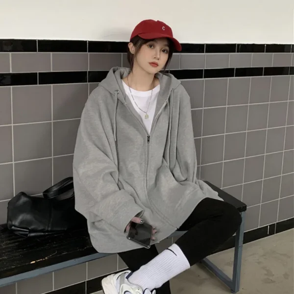 Women Hoodies Solid Color Zip Up Pocket Loose Harajuku Korean Sweatshirts Female Long Sleeve Hooded Streetwear Casual Tops 2023