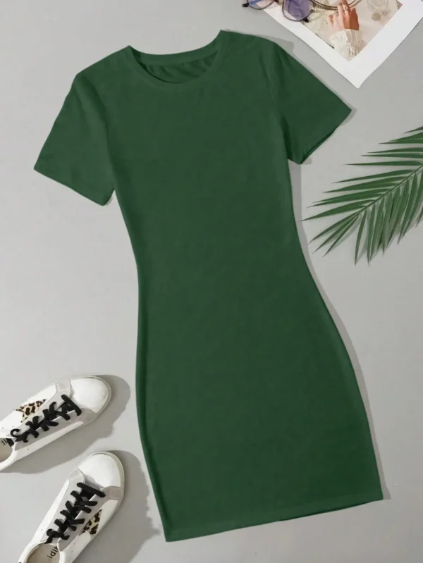 Summer women's fashion simple green solid color casual slim fit short sleeve round neck short mini dress 2024 New - Image 2