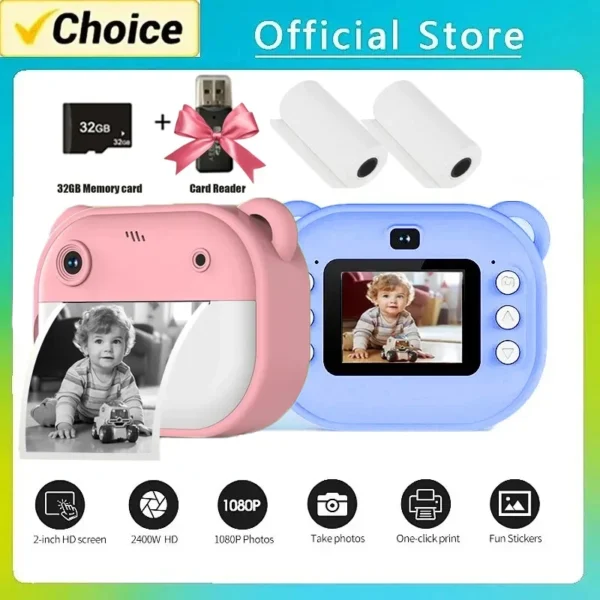 Children Digital Camera Instant Print for Kids Thermal print +32G Memory Card