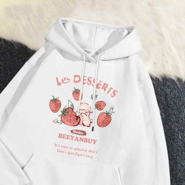 Fashion Women'S Hoodie Cute Strawberry And Rabbit Printed Sweatshirt Pocket Soft Warm Breathable Pullover Autumn Winter Hoody - Image 4