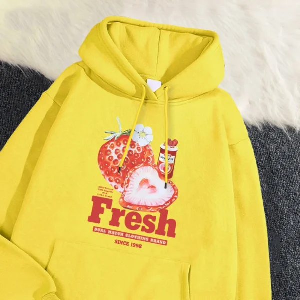 Trend Womens Hoodie Fresh Strawberry American Retro Creative Prints Sweatshirt Fleece Comfortable Pocket Pullover Cartoons Tops - Image 3