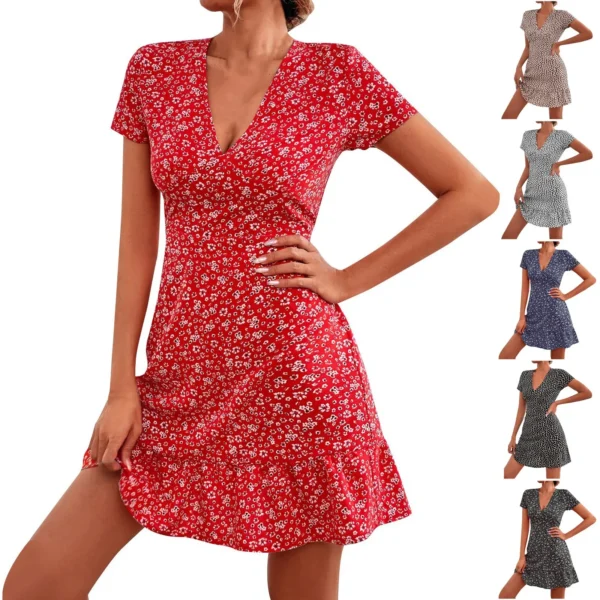 Women's Sexy Dresses Floral Print Deep V Neck Short Sleeve Fashion Casual Summer Mini Dress