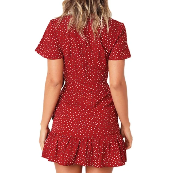 Women Sexy Dress Deep V-Neck Short Sleeve Floral Print Mini Ruffle Wrap Dress with Self tie at Waist - Image 2